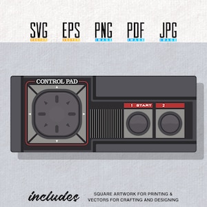 May include: A vector graphic of a retro video game controller. The controller is primarily gray and black, with red accents and the text "CONTROL PAD." The image includes file type labels: SVG, EPS, PNG, PDF, and JPG. The text "includes" and "SQUARE ARTWORK FOR PRINTING & VECTORS FOR CRAFTING AND DESIGNING" are also present.