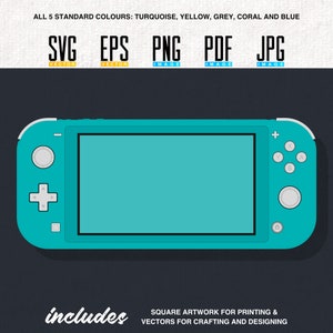 以下が含まれることがあります： 白画面、白ボタン、黒背景のターコイズ色の携帯ゲーム機。コンソールは、左側にプラス記号、マイナス記号、方向パッドがあります。右側は、プラス記号、マイナス記号、丸ボタンがあります。コンソールには、「includes」と「SQUARE ARTWORK FOR PRINTING & VECTORS FOR CRAFTING AND DESIGNING」のラベルが貼られています。