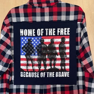 American flag Military patchwork flannel plaid shirt graphic tee. &quot;Home of the Free because of the Brave&quot; Unisex Men&#39;s Large