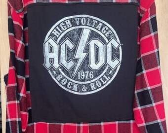 ACDC rock band High Voltage patchwork flannel plaid shirt graphic tee Unisex Mens XL