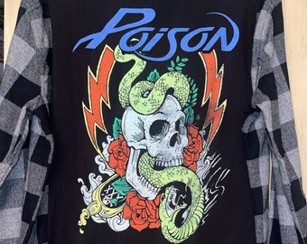 T-shirt graphique en flanelle patchwork groupe de rock Poison. Chaussures LT unisexes pour hommes