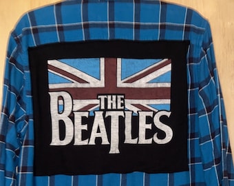 The Beatles rock band patchwork flannel. Graphic tee.  Unisex Men&#39;s Medium