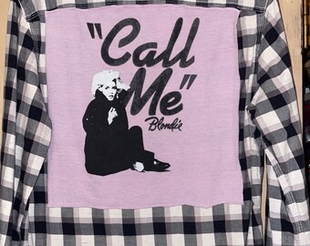 Blondie rock star band patchwork flannel.  Call me graphic tee. Unisex Men&#39;s M
