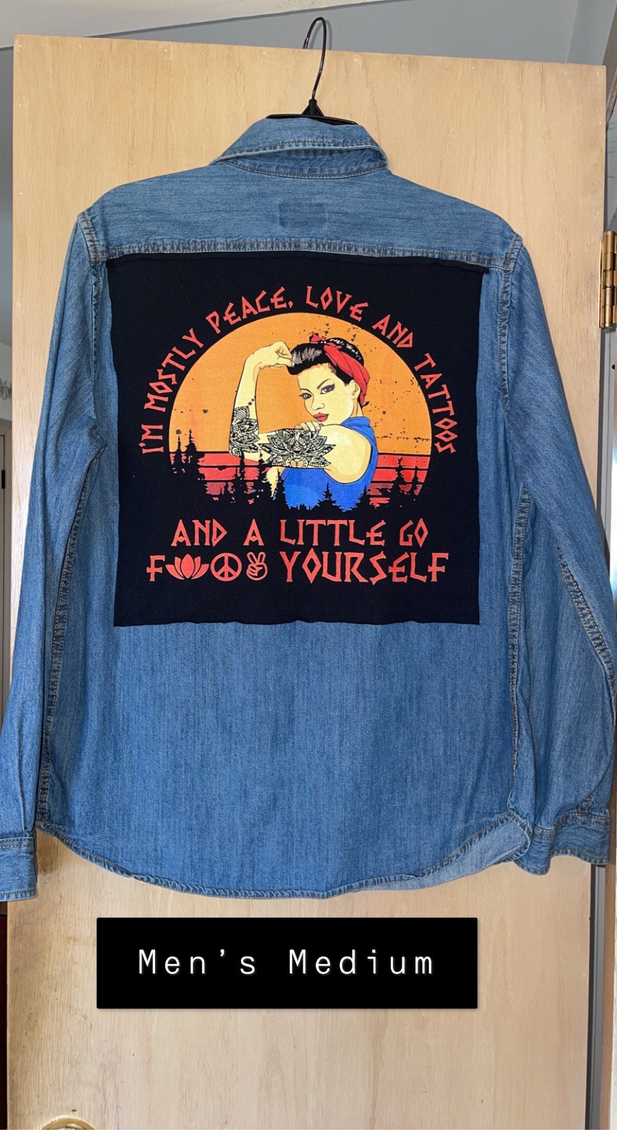 Rosie the Riveter Peace Love and Tattoos patchwork graphic tee on denim shirt. women's Medium