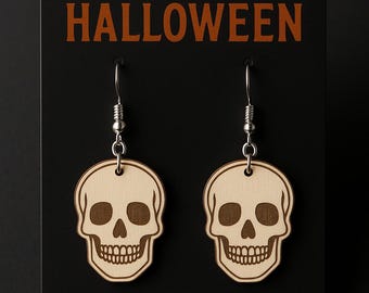 Halloween Skull Earrings, Baltic Birch, Spooky Jewelry