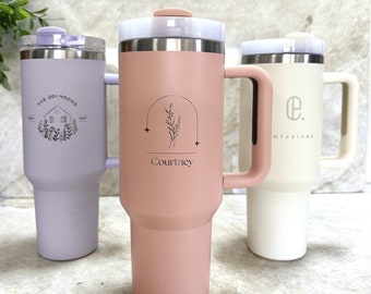Personalized 40oz Tumbler With Handle Lid and Straw Insulated Engraved Cup Custom Name Gifts for Her, Corporate Custom Logo, Best Gift