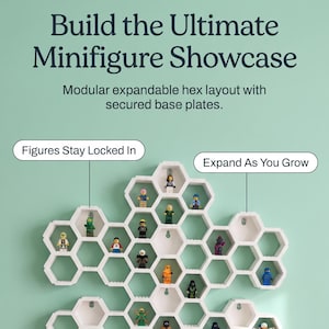 Op de afbeelding: Een wit modulair zeshoekig displaysysteem voor kleine figuren, met de tekst Build the Ultimate Minifigure Showcase, Modular expandable hex layout with secured base plates, Figures Stay Locked In, Expand As You Grow, en Wall or Desk Setup.