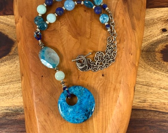 Mixed blue gemstones long necklace with Saki Bronze clasp