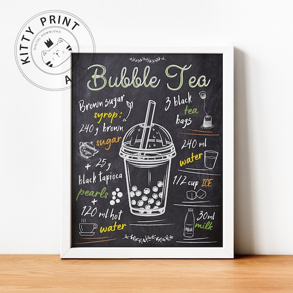 bubble tea print, boba tea recipe, tea poster, boba, digital printable, dorm decor, chalkboard wall art, tea lover gift, kitchen wall art