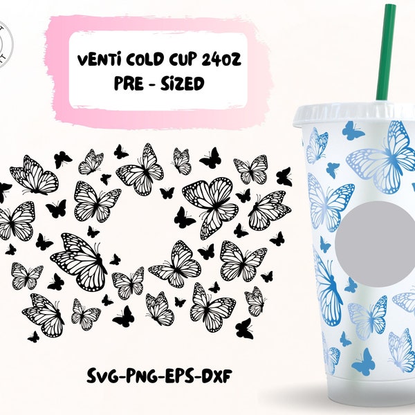 BUTTERFLY SVG für Venti Cold Cup, Monarch Butterfly Full Wrap Svg für 24oz Becher, Cricut Cut Files, Dxf, Png, Eps Including