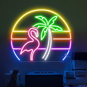 Neon Flamingo Leuchtreklame Palme Leuchtreklame Flamingo Dekor Sonnenuntergang Dampfwelle Leuchtreklame Tropische Neon Leuchtreklame LED Benutzerdefinierte Zeichen Terrasse