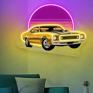 Custom Car Sign Car Neon Light Fathers Day Gift For Dad Vintage Car Sunset 90s 80s Sport Car Lover Gift Custom Car Sign Racing Car LED
