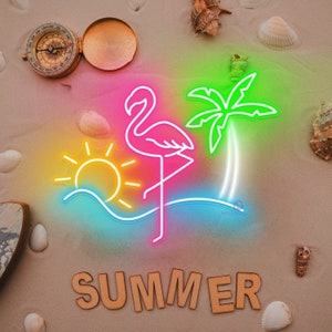 Flamingo Neon Sign Flamingo Decor Tropical Neon Sign Custom Neon Sign Hello Summer Party Sign Neon Palm Tree Beach House Decor Wave Neon