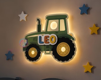 Tractor Night Light Wooden Name Sign Nursery Boy Tractor Wall Decor Farm Nursery Lamp Boy Custom Baby Name Sign Kids Room Decor Boy Gift Set