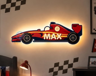 Race Car Night Light Wooden Name Sign Boys Nursery Decor Custom Race Car Gift Boys Room Decor Personalized Birthday Gift Christmas Gift Kids