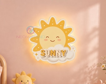 Sunshine Night Light Personalized Name Sign Wooden Sun Cloud Wall Lamp Sun Nursery Decor You Are My Sunshine Gift Baby Christmas Gift Kids