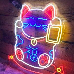 Letrero de neón de gato de la suerte, letrero de neón japonés, letrero de neón personalizado japonés, letrero de neón de gato de la suerte para negocios, Maneki Neko, letrero LED para bar y cafetería