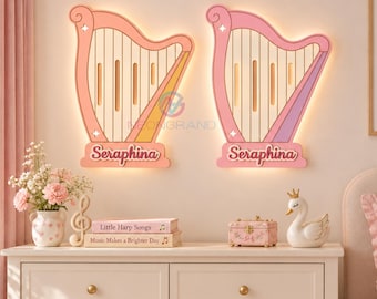 Harp Night Light Personalized Name Sign Wooden Harp Lamp Harp Wall Decor Pink Music Nursery Decor Harpist Gift Christmas Harp Gift for Girls