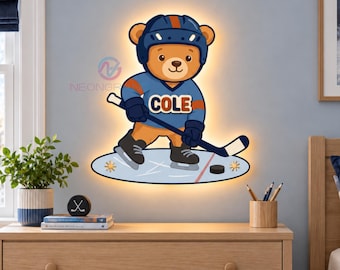 Hockey Night Light Personalized Name Sign Wooden Hockey Bear Lamp Hockey Nursery Decor Kids Hockey Room Decor Hockey Christmas Gift for Boys
