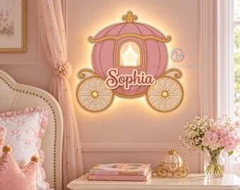 Princess Carriage Night Light Pumpkin Carriage Lamp Personalized Name Night Light Girls Christmas Gift Wooden Princess Nursery Room Decor
