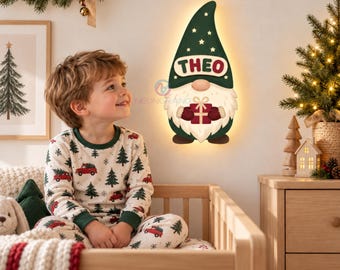 Personalized Gnome Night Light Christmas Gnome Sign Wooden Nordic Gnome Lamp Holiday Gnome Decor Christmas Name Sign Kids Christmas Gift