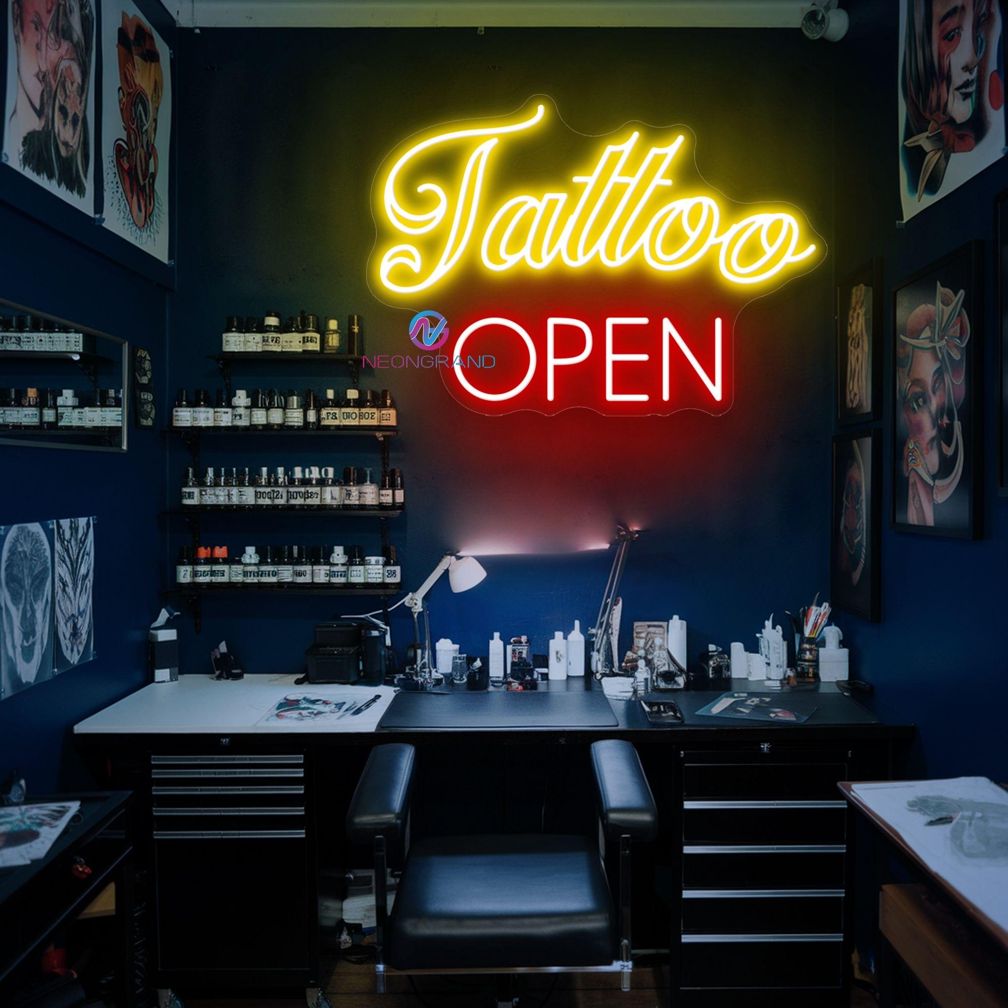 Tattoo-Open Neonschild – LED-Wanddekoration Mit Dimmer – 43,2x17,8 Cm – USB-betrieben – Für Studio, Bar, Party