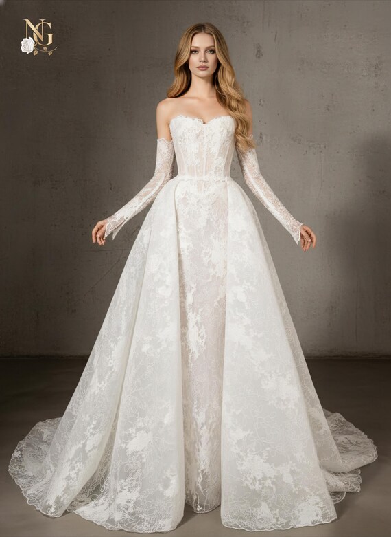 chinese dress ladies Sweetheart Floral Lace Mermaid Bridal Dress 2 in 1 Look With Detachable  Long Sleeve main image 1