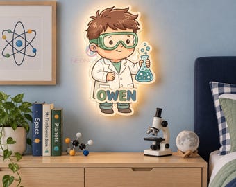 Scientist Night Light Future Scientist Gift for Kids Christmas Gift Personalized Name Night Light Wooden Kids Lamp STEM Science Room Decor