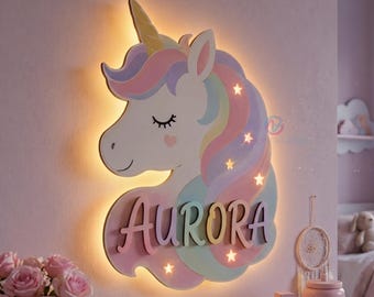 Unicorn Night Light Custom Name Wooden Nursery Sign Personalized Wall Lamp Baby Girl Gift Rainbow Decor Nursery Kids Room Sign Birthday Gift