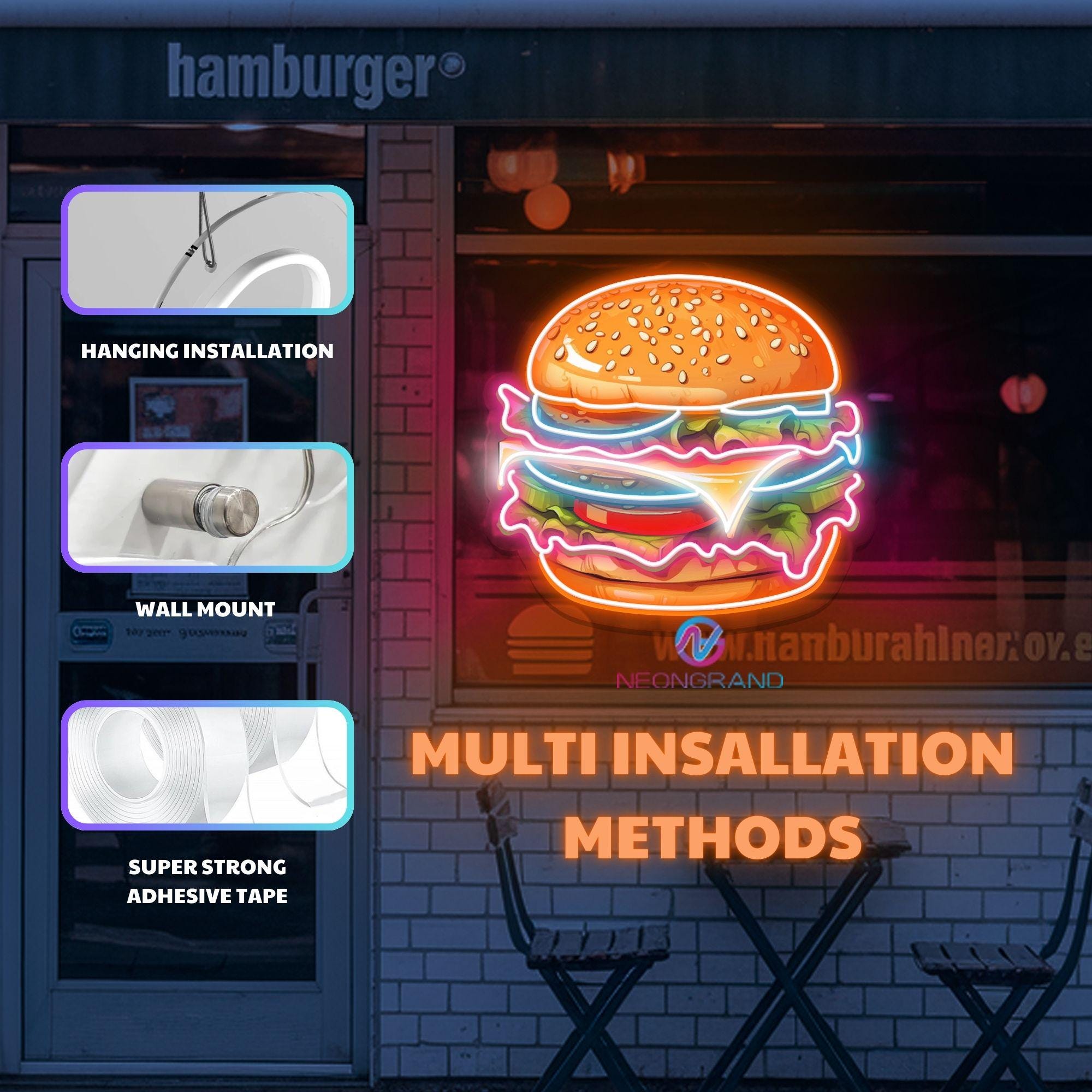 Burger Neon Sign LED Fast Food Light Restaurant Wall Decor Hamburger ...