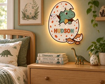 Dinosaur Egg Night Light Personalized Name Dino Night Light Dinosaur Lamp Christmas Gift for Boys Wooden Dino Nursery Decor Kids Room Decor