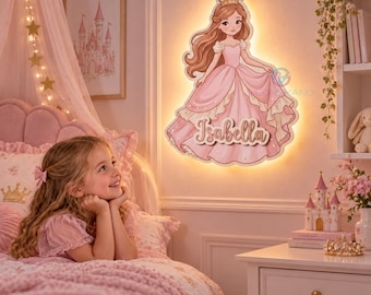 Personalized Princess Name Sign Night Light Custom Princess Lamp Wooden Girl Nursery Decor Princess Christmas Gift for Girl Room Wall Decor