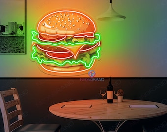 Burger Neon Sign Outdoor Business Sign Burger Neon Sign Custom LED Dimmable Hamburger Neon Light Up Sign Fast Food Restaurant Food Truck