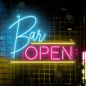 May include: A neon sign displaying "Bar OPEN" in blue, pink, and yellow against a dark backdrop with a grid. The sign's bright colours create a welcoming atmosphere, perfect for a bar or pub.