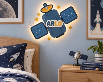 Space Night Light Custom Name Satellite Lamp Christmas Gift for Kids Wooden Night Light Space Nursery Sign Outer Space Room Decor Lover Gift