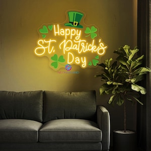 Letrero de neón con texto &quot;Feliz día de San Patricio&quot;, decoración de pared con trébol de 3 hojas, luz LED, regalos irlandeses, regalo del día de San Patricio, regalo personalizado, decoraciones navideñas