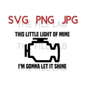 Pode incluir: Design gráfico em preto e branco de uma luz de verificação do motor do carro com o texto "This little light of mine I'm gonna let it shine".