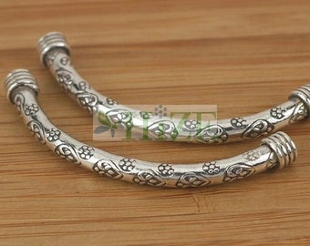 HIZE SB396 Thai Karen Hill Tribe Silver Heart Flower Imprint Curve Tube Focal Beads 50mm (2)