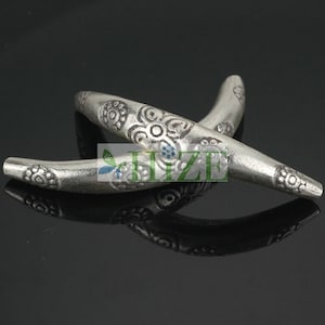 HIZE SB439 Thai Karen Hill Tribe Silver Flower Curve Tube Beads 38mm (2)