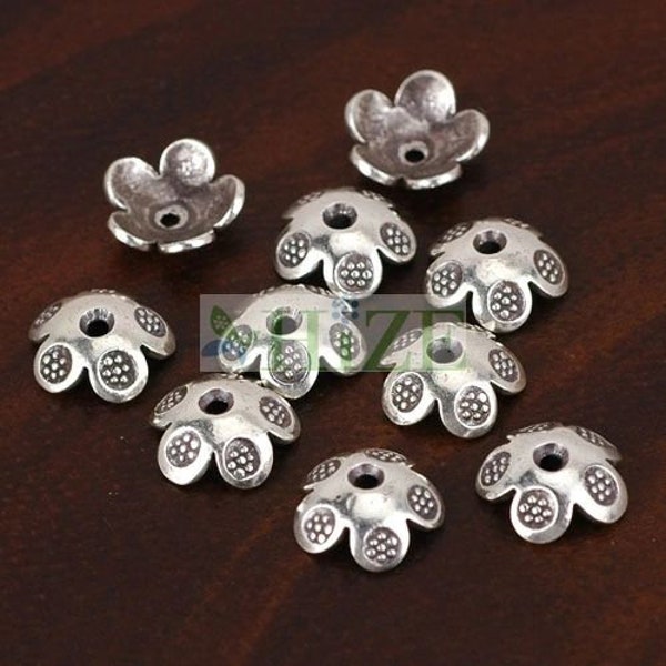 HIZE SB652 Thai Karen Hill Tribe Silver Tribal Daisy Flower Print Petal Bead Caps 10mm (12)