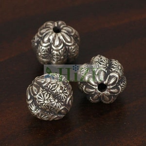 HIZE SB465 Thai Karen Hill Tribe Silver Flower Floral Print Corrugated Focal Round Beads 11mm (4)