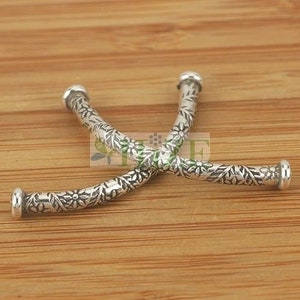 HIZE SB084 Thai Karen Hill Tribe Silver Flower Leaf Print Curve Tube Beads 40mm (4)