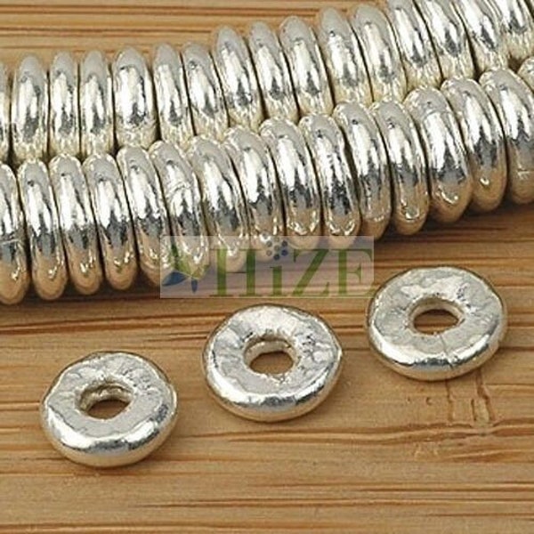 HIZE SB361 Thai Karen Hill Tribe Silver Plain Donut Disc Ring Spacer Beads 6mm (30)