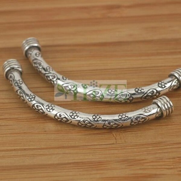 HIZE SB396 Thai Karen Hill Tribe Silver Heart Flower Imprint Curve Tube Focal Beads 50mm (2)