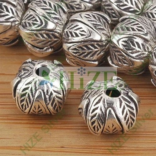 HIZE SB663 Thai Karen Hill Tribe Silver Lotus Leaf Print Round Roundelle Beads 9mm (10)