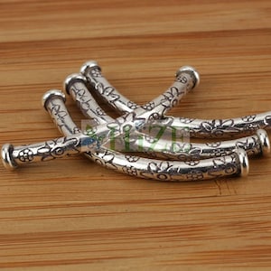 HIZE SB354 Thai Karen Hill Tribe Silver Flower Floral Curve Tube Beads 40mm (4)