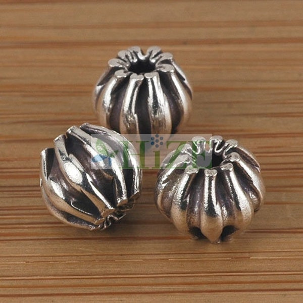 HIZE SB125 Thai Karen Hill Tribe Silver Corrugated Round Ball Barrel Beads 9mm (8)