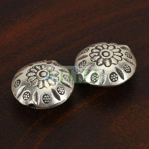 HIZE SB272 Thai Karen Hill Tribe Silver Floral Flower Tribal Print Button Lentil Disc Focal Beads 15mm (4)