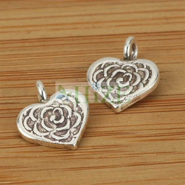 HIZE SC280 Thai Karen Hill Tribe Silver Flower Stamped Little Heart Charms 10mm (6)