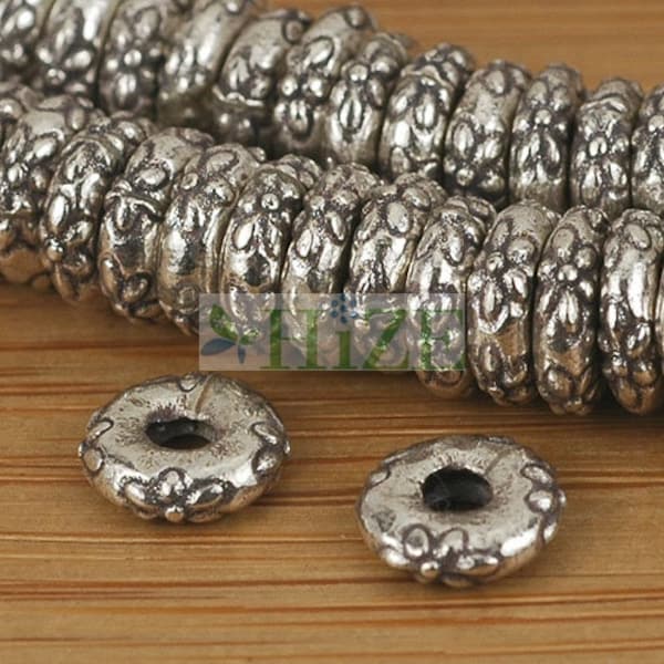 HIZE SB455 Thai Karen Hill Tribe Silver Flower Imprint Ring Donut Spacer Beads 7mm (24)